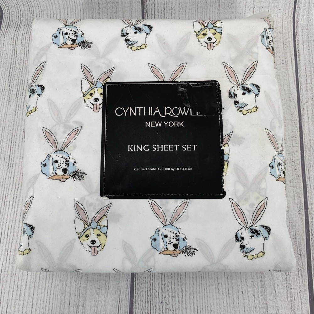 Cynthia Rowley Sheet Set KING Dogs Bunny Ears Easter Spring White Pink Blue